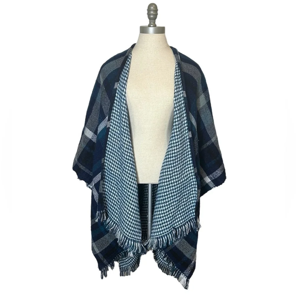 Steve Madden Blue Turquoise Reversible Plaid Houndstooth Shawl Scarf Wrap - Picture 8 of 13